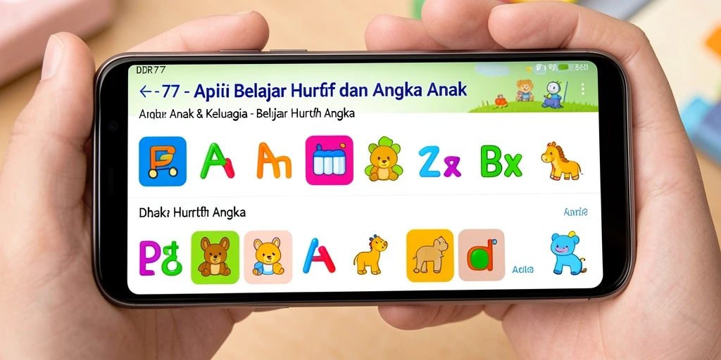 Tampilan antarmuka aplikasi IDR77 yang menarik untuk belajar huruf dan angka.